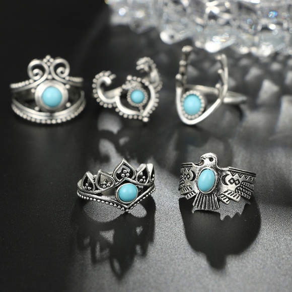 **HALONA* 11-Pc Silver Moon x Turquoise Ring Set - Picture 4 of 10